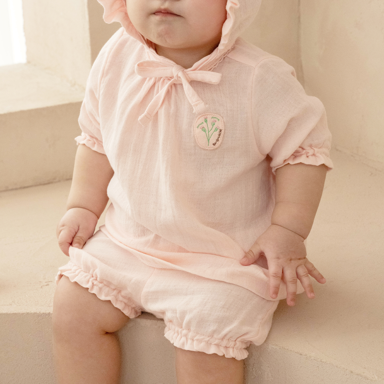 Bamboo Crinkle Gauze Creamy Flower Baby ¾ Sleeve Blouse